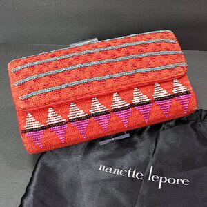 Nanette Lepore Fold Over Clutch Orange Crocheted & Beaded Leather Trimmed Purse